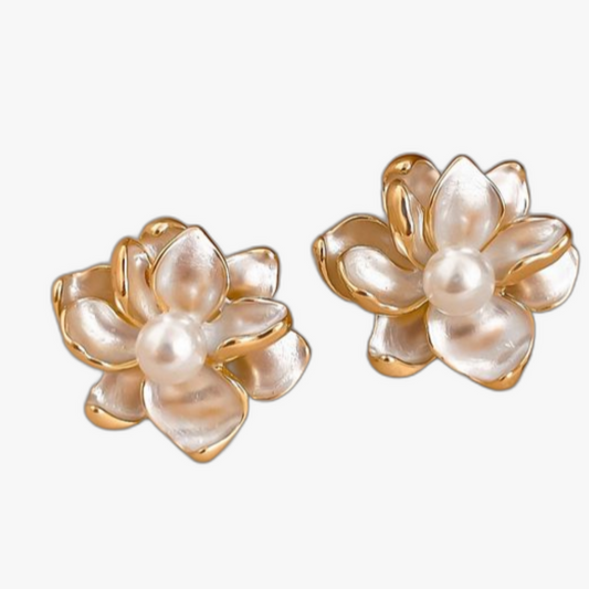 ELEGANT WHITE ENAMEL FLOWER PEARL EARRINGS