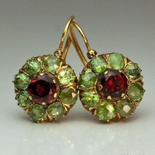 VINTAGE ROUNDED GREEN & RED CRYSTAL EARRINGS